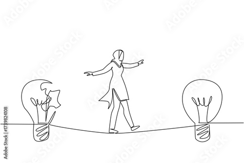Single one line drawing Arab businesswoman walks on tightrope from broken lightbulb to whole lightbulb. Risk produces success. National Creativity Day. Continuous line design graphic illustration