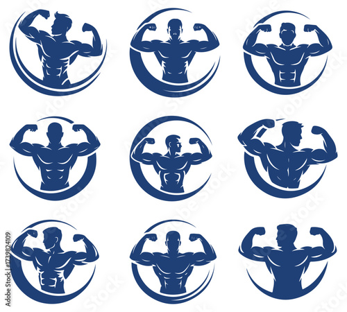 Bodybuilder Silhouette Icons Set, Flexing Muscle Fitness Logo Vector Collection