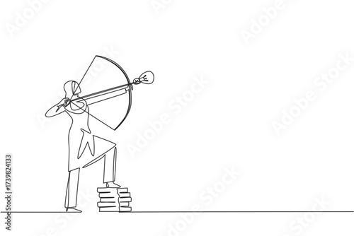 Continuous one line drawing Arab businesswoman archery arrow with lightbulb tip, one foot rest on pile of coins. Focus on profit. National Creativity Day. Single line draw design vector illustration