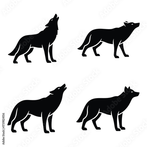 Four silhouettes of wolves in various poses dynamic poses representing the wild canine spirit and nature's majesty silhouette