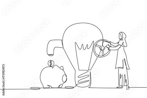 Single continuous line drawing Arab businesswoman turns the tap on lightbulb releases coins and piggy bank holds it. Channel of fortune. National Creativity Day. One line design vector illustration
