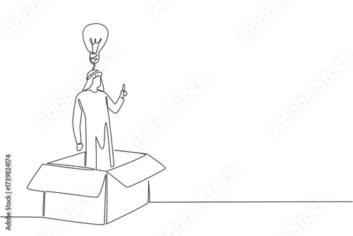 Single one line drawing Arab businessman inside big cardboard box making gesture of gets idea. Solution from problem solver. Smart. National Creativity Day. Continuous line design graphic illustration