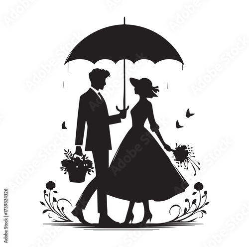 A Romantic couple holding umbrella silhouette and Vector