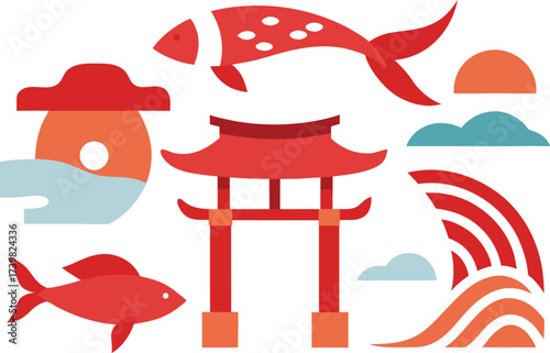 Japanese traditional elements bundle vector illustration scalable eps icon set