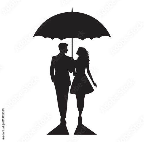 A Romantic couple holding umbrella silhouette and Vector