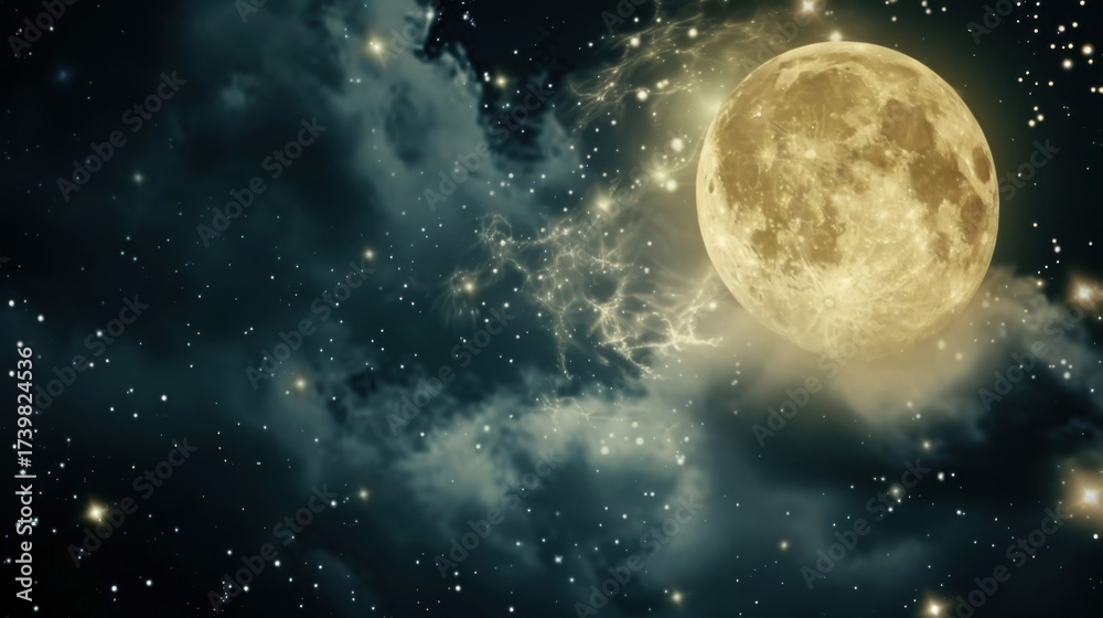 Fototapeta premium Lunar Astronomy Vistas: Full Moon Craters, Dark Night Skies, 3D Lunar Surface Orbits & Abstract Moonlight Backgrounds