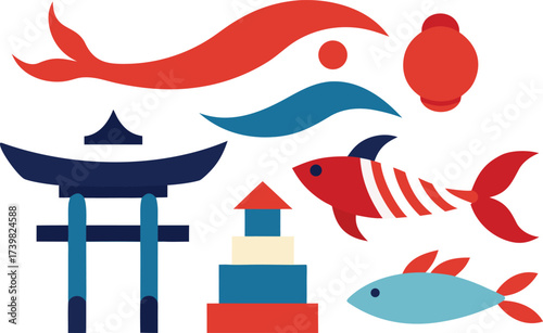 Japanese traditional elements vector bundle featuring torii gate fish and waves for design