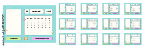2026 desk calendar template. Retro style calendar design in funky style. Colorful 2026 calendar template for company.