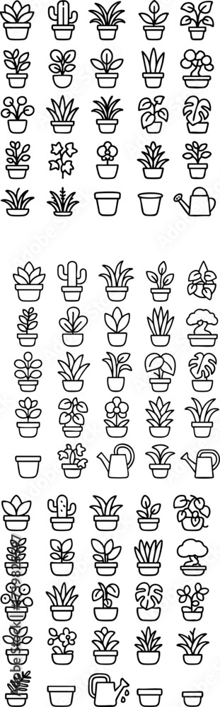 Fototapeta premium Potted Houseplant and Gardening Tools Line Icon Set.