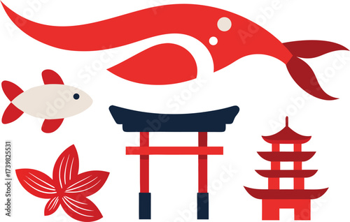 Japanese traditional elements vector bundle red fish torii gate pagoda flowers waves