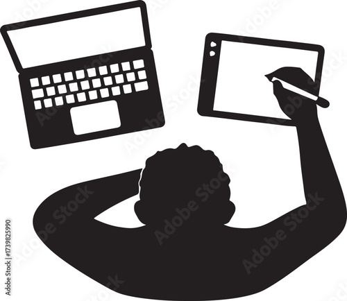 Silhouette of a person contemplating technology with a laptop and digital tablet symbolizing modern work and creativity