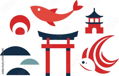 Japanese traditional elements bundle vector illustration of koi fish torii gate waves pagoda and moon