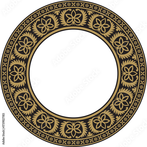 Vector round gold and black Indian national ornament. Ethnic plant circle, border. Frame, flower ring. Poppies and leaves.