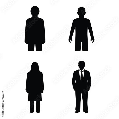 Four distinct silhouette figures of people representing diversity in gender and attire for various applications silhouette
