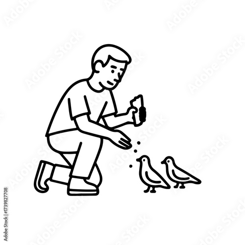 Vector line icon man feeding pigeons with bread on a white background
Vector line icon on a white background