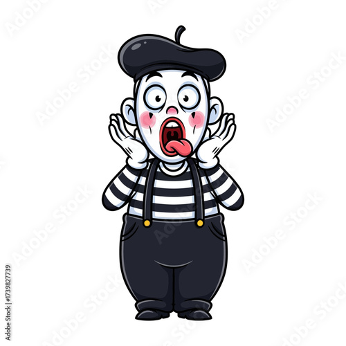 Vector art of a surprised mime with a beret and striped shirt is making a funny face with his tongue out and hands on cheeks