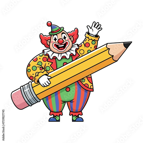 Vector art of a cheerful clown is holding a giant pencil and waving his hand, ready to draw or write something fun and creative