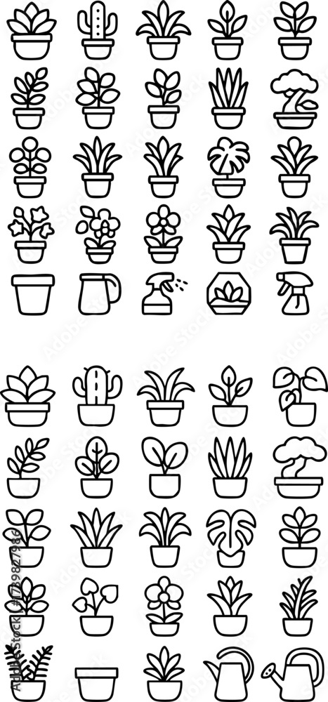 Fototapeta premium Potted Plants and Gardening Tools Icons 1.