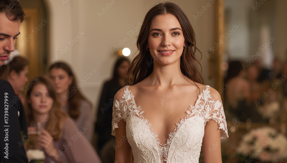 Naklejka premium Bride in elegant white wedding dress smiling during preparation with friends and family in the background at bridal morning event