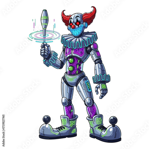 Illustration of a robotic clown, with a metallic body, a colorful clown costume, and a spinning plate in hand