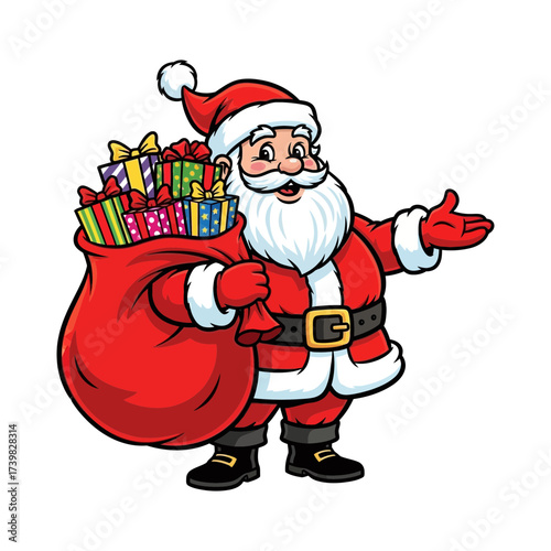 Vector art of santa claus carrying a big bag full of colorful gifts, spreading joy and happiness during the christmas season