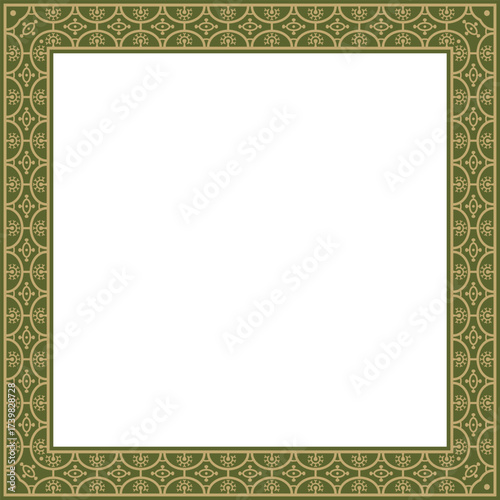 Vector square gold with green border, frame, Pompeii. Rectangle Neopolitan ornament. Art of Ancient Rome. Template for stained glass