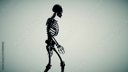 A human skeleton in a walking pose, demonstrating the structure of the human body