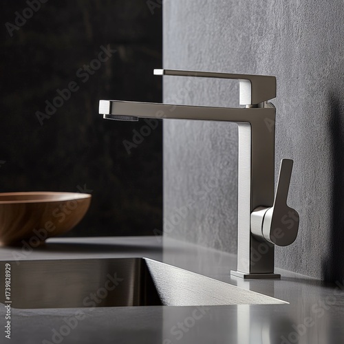 Modern Square Edged Kitchen Faucet in Close Up