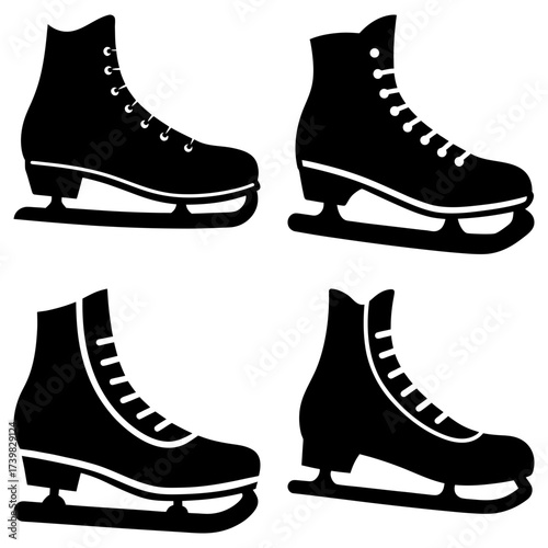 Four black ice skates arranged in a square formation on a white background showing laces and blades