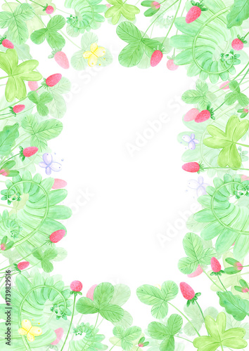 Hand drawn watercolor wild strawberry postcard frame border. Illustration of berries with butterflies isolated on white background. Can be used for postcard, scrapbook and other printed products.
