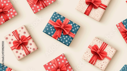 Pattern of colorful gift boxes with red ribbons and polka dot wrapping paper arranged on beige background in flat lay style representing celebration, holiday, and festive mood