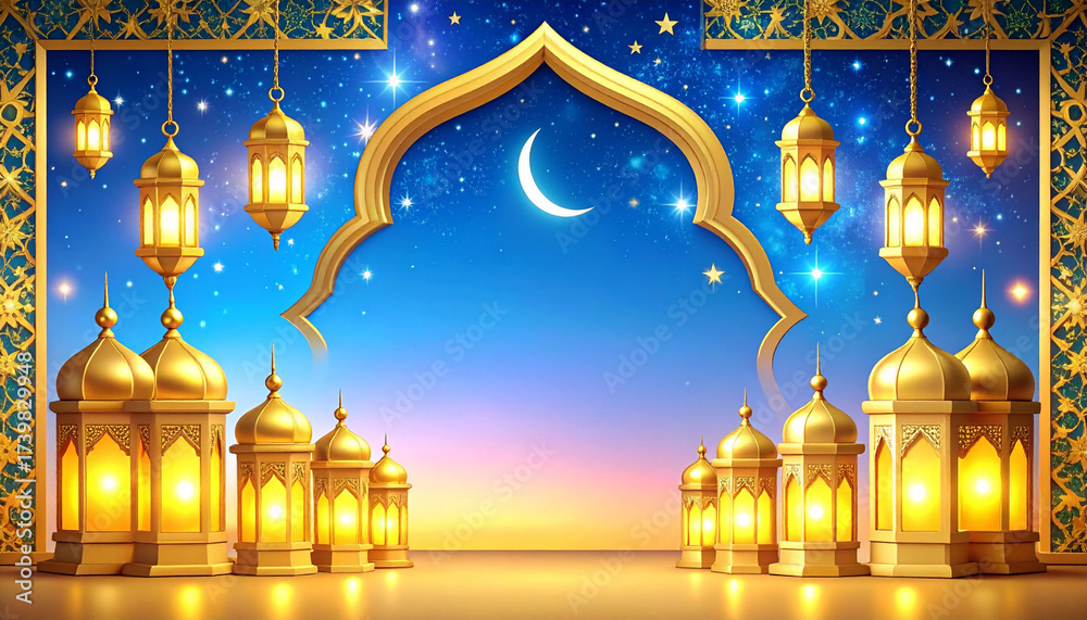 Obraz premium Ramadan Night Sky with Golden Arch and Lanterns