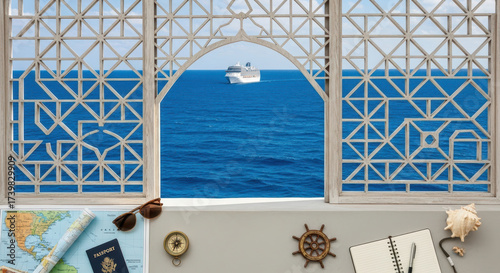 Scenic view of ocean cruise ship framed by ornate window and travel items