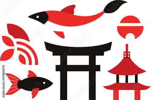 Japanese traditional elements bundle vector waves illustration scalable eps icon set