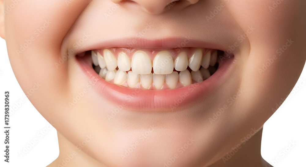 Fototapeta premium Close up of a child's bright white teeth and smiling lips with a transparent background Smile Kid Healthy Mouth Grin Joy Happiness Clean Fresh Dental Oral