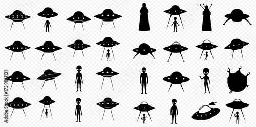 Collection of black silhouette icons depicting various UFOs and different types of alien creatures on a transparent background.