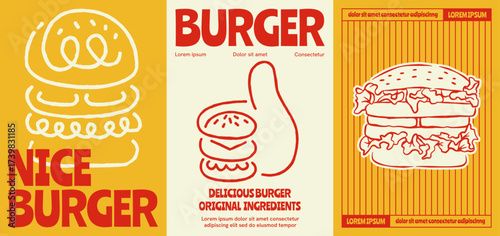 Burger poster set in minimalist retro style combining red and yellow lines for a delicious fast food art collection.