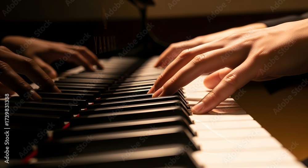 Fototapeta premium Close-up of hands playing piano keys in warm lighting for music practice or educational inspiration