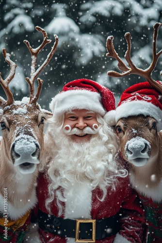 Santa and Friends with Reindeer in Colorful Holiday Spirit