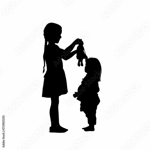 Silhouette of a girl braiding a doll s hair isolated on white background