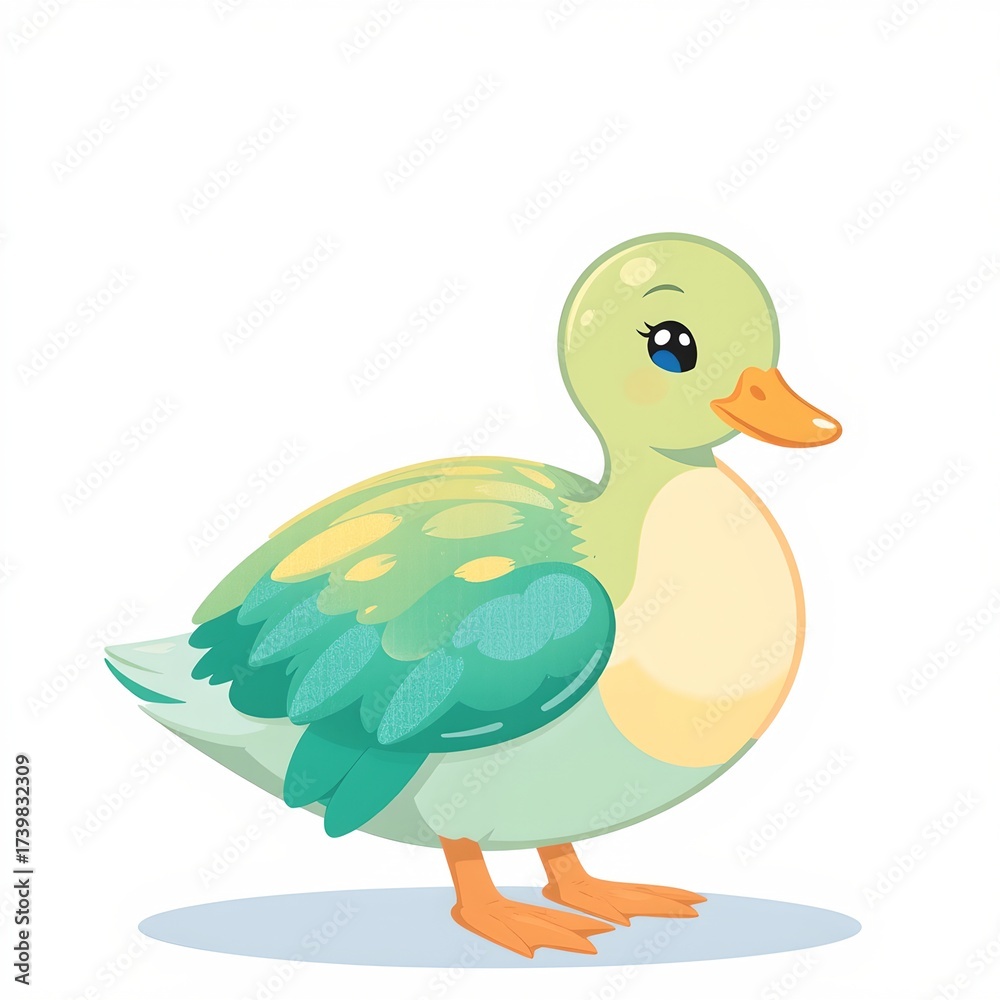 Obraz premium A charming, adorable cartoon duck depicted in a radiant, luminous style, positioned in a graceful side profile on the right side of a pristine white background, The duck's plump