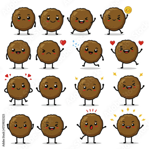Set of cute meatball cartoon characters with various expressions.