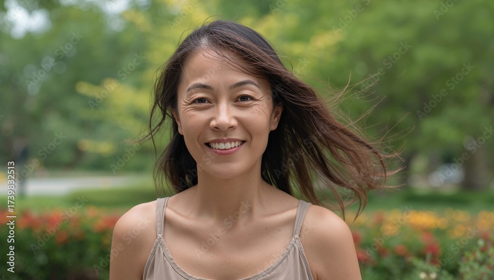 Naklejka premium Mature Asian Woman Smiling with Windblown Hair in a Lush Summer Park Setting Surrounded by Colorful Flowers and Greenery on a Sunny Day
