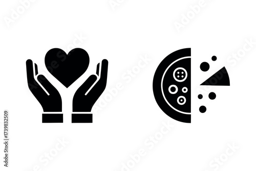 Vector icon two hands holding a heart and a pizza isolated on white background