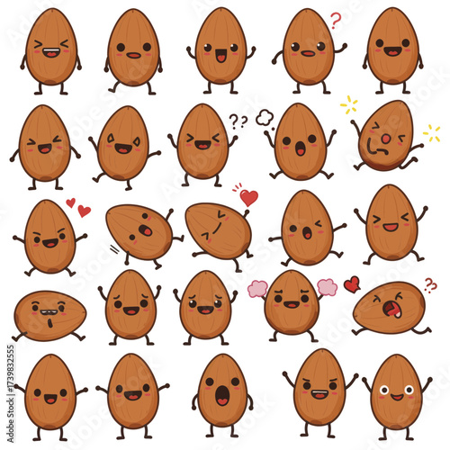 Collection of cute and funny almond nut mascots with various expressions.