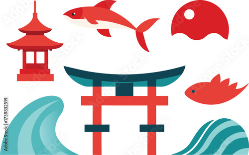 Japanese traditional elements vector bundle illustration scalable eps icon set