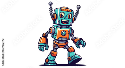 Cheerful retro robot character strides forward, bringing a fun, futuristic vibe to your project with its vibrant colors and classic design