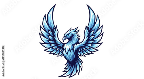 Soaring majestic phoenix with icy blue feathers, a symbol of resilience and rebirth, perfect for a sports team emblem or fantasy design project