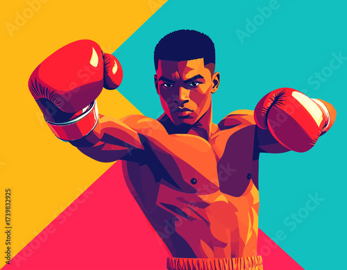 Vibrant Pop Art Portrait of a Confident Boxer Ready to Fight, Displaying Strength and Focus