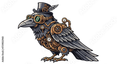 Steampunk raven with intricate gears and goggles, perfect for fantasy games and unique design concepts, offering a touch of edgy mechanical flair